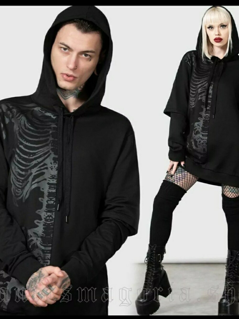 Killstar Unisex Black Zip-Up Hoodie with Tonal Skeleton Print